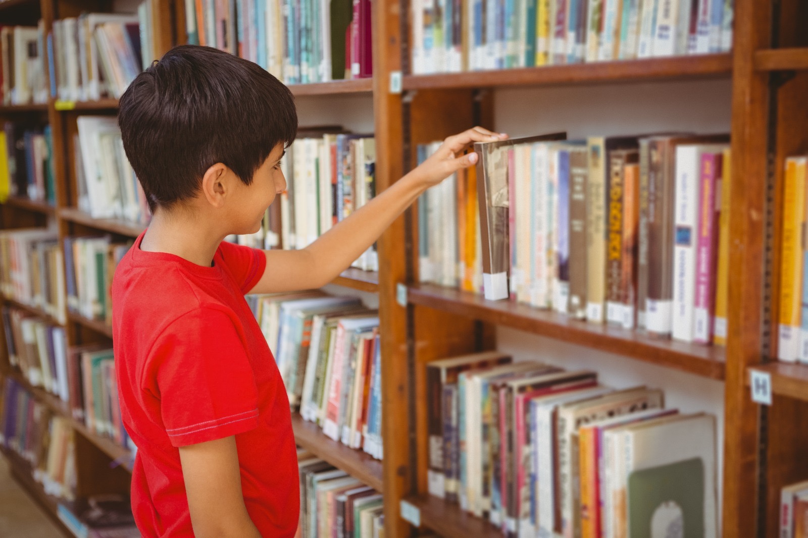 Pupil choosing a book in the library